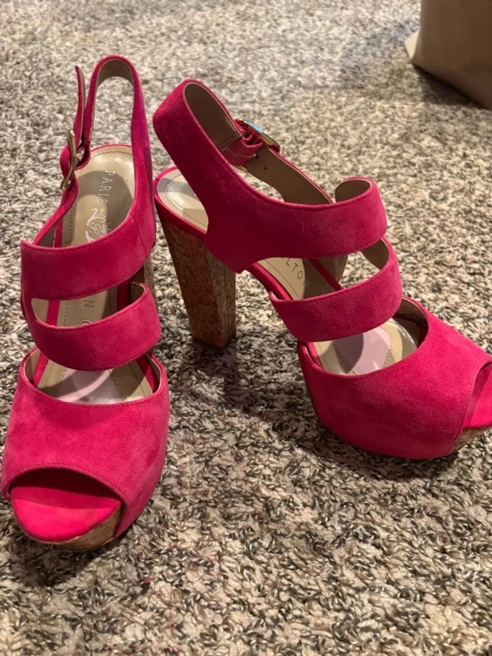 Paris Hilton Hot Pink Suede Platform Sandals with Cork Block Heel